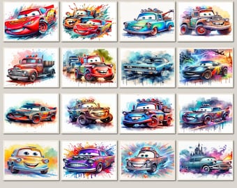 Disney Cars Watercolor Wall Art Prints, Set of 16 (Digital Download)