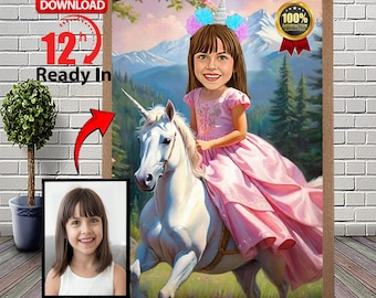 Ritratto personalizzato di principessa unicorno: stampa su tela personalizzata per bambini (download digitale)