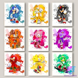 Conjunto de 6 impressões artísticas em aquarela do Sonic Hedgehog, arte de parede em aquarela, conjunto de pôsteres impressos, decoração de parede, quarto infantil, presente de aniversário, download digital.