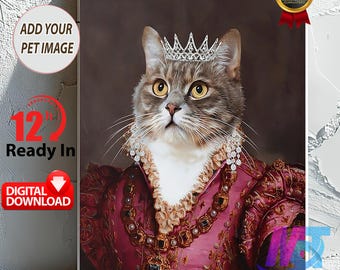 Custom Pet Portrait, Renaissance Queen Pet Portrait, Cat Portrait from Photo, Crown Royal Portrait, Regal Dog Portrait on Canvas.