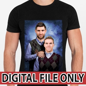 May include: A black t-shirt with a graphic print of two men wearing argyle sweaters. The men are standing in front of a blue and white background. The text "DIGITAL FILE ONLY" is printed on a red banner at the bottom of the image.