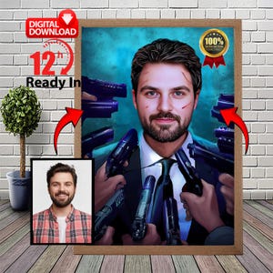 Retrato personalizado de John Wick a partir de tu foto, divertido retrato familiar estilo John Wick, regalo personalizado para papá, divertido regalo de pareja para él.
