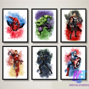 Superhero Watercolor Wall Art, Set of 6 Superhero Posters, Kids Room Wall Décor, Kids Room Decor, Superhero Fan Wall Art, Digital Download.