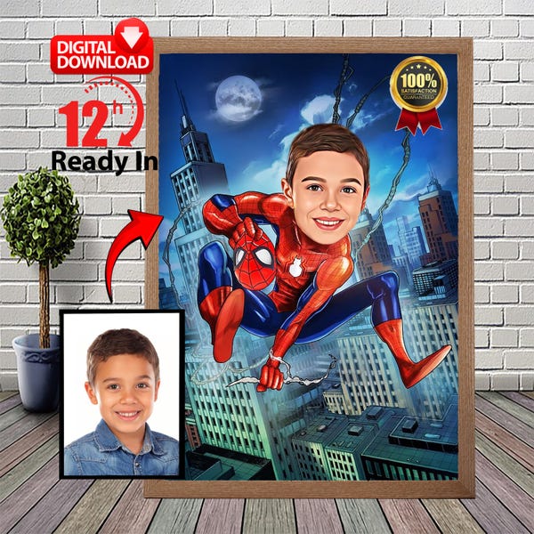 Spiderman Superhero Custom Portrait: Personalized Caricature (Digital File)