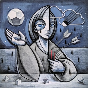 May include: A surrealist painting featuring a figure with a split face, blue eyes, and arrows piercing the chest. A geometric sphere and cloud with falling lines are in the background. The color palette is primarily blue, gray, and white.
