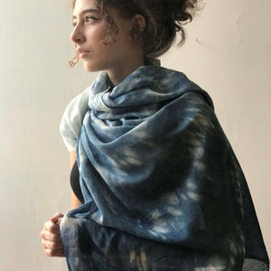 indigo wrap scarf organic cotton beach style boho shibori plant dye beach wrap sarongb blue hand dyed handmade, resort, shawl, vacation gift, mother's day gift,