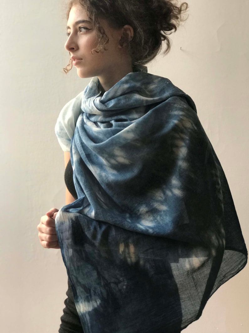 indigo wrap scarf organic cotton beach style boho shibori plant dye beach wrap sarongb blue hand dyed handmade, resort, shawl, vacation gift, mother's day gift,