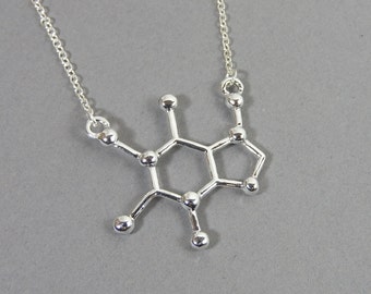 Caffeine Silver Necklace - caffeine science molecule, coffee lover (T4)