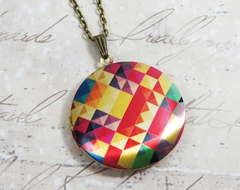 Kaleidoscope Brass Photo Locket Necklace - rainbow colorful abstract art image (R3B)