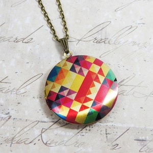 Kaleidoscope Brass Photo Locket Necklace - rainbow colorful abstract art image (R3B)