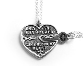Unlock My Heart Silver Couple's Necklace - Heart and Key Couples Necklace  (R2E4)