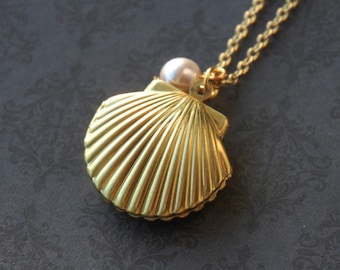 Ocean Seashell Pearl Locket Necklace - Stamped raw brass  (R2C1)