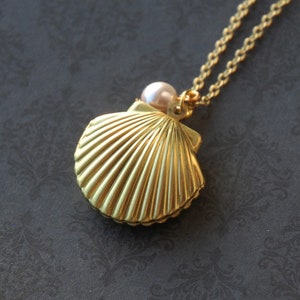 Ocean Seashell Pearl Locket Necklace Stamped raw brass R2C1 image 1