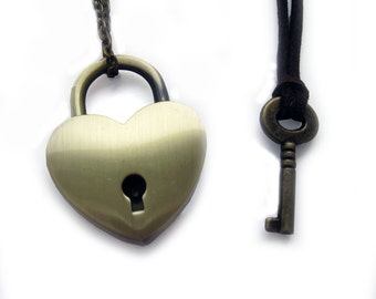 Bronze Heart Lock and Key Couples Necklace - Real working Lock Pendant  (R2F1)