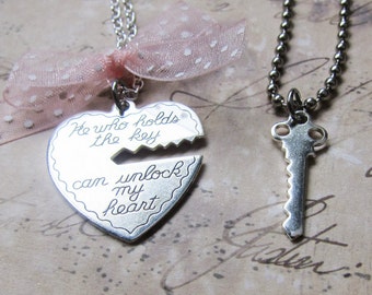 Silver Key to My Heart Necklace - Heart and Key Couples Necklace  (R1F4)