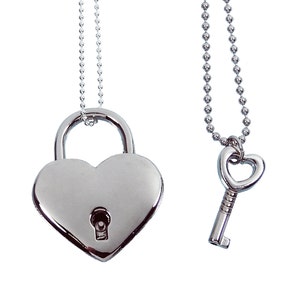 Silver Heart Lock and Key Couples Necklace Real working Lock Pendant image 1