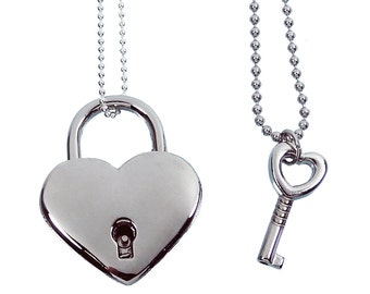 Silver Heart Lock and Key Couples Necklace - Real working Lock Pendant