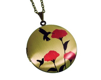 Hummingbird in Poppy Field Necklace - Brass Photo Locket  (R3B-C3)