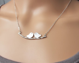 Love Birds Kissing on Tree Branch - White Gold Couples Necklace  (R1E1)