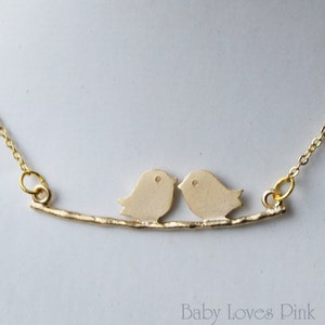 Love Birds Kissing on Tree Branch Gold Plated Couples Necklace image 1