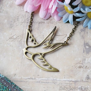 Flying Swallow Necklace Tattoo Inspired Bronze Die Cut Bronze image 2