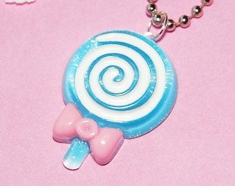 Blue Glitter Lollipop Necklace with Pink Ribbon