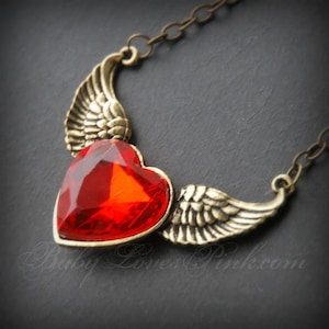 Ruby Heart Gold Wings Necklace
