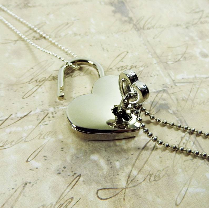 Silver Heart Lock and Key Couples Necklace Real working Lock Pendant image 3