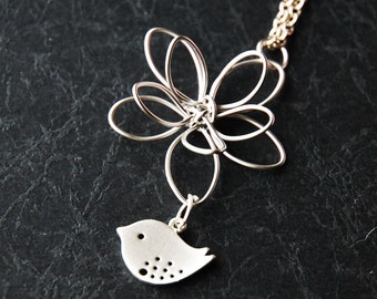 Sweet Bird and Flower - white gold bird necklace  (R4B)