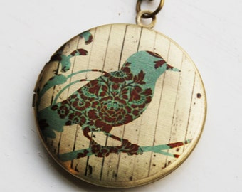 Bird on Branch Modern Floral Necklace - Brass Photo Locket  (R3B-E1)