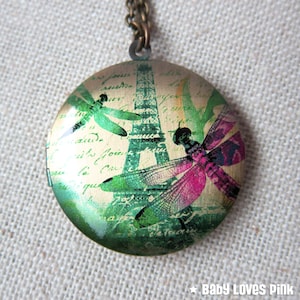 Dragonfly and Eiffel Tower Necklace - Paris Vintage Brass Photo Locket  (R3B)