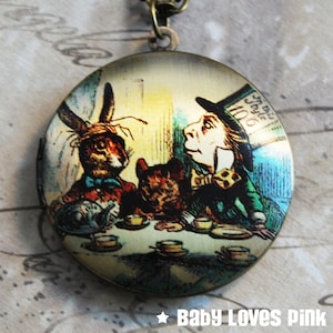 Mad Hatter&#39;s Tea Party Locket Necklace - Alice in Wonderland Brass Photo Locket  (R3B-A2)