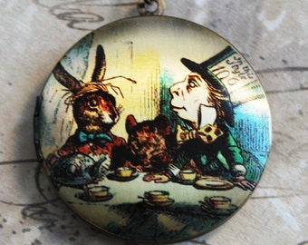 Mad Hatter's Tea Party Locket Necklace - Alice in Wonderland Brass Photo Locket  (R3B-A2)