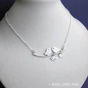 Family of 4 Birds on Branch Necklace - Parents, Family, Daughter, Children Necklaces  (R4B)