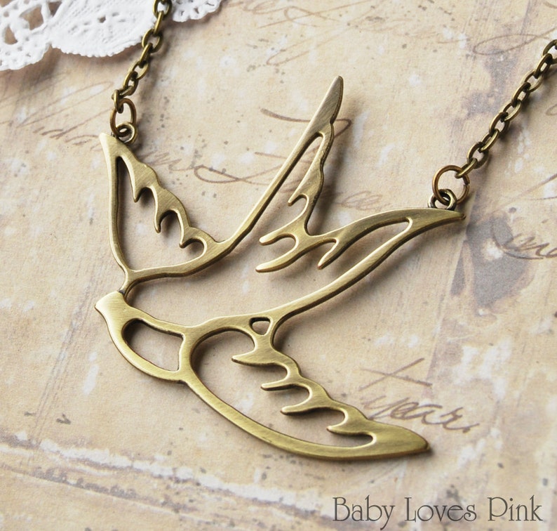 Flying Swallow Necklace Tattoo Inspired Bronze Die Cut Bronze image 1