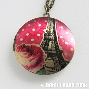 Eiffel Tower Pink Rose Locket Necklace - Paris France Brass Photo Locket  (R3B-B2)