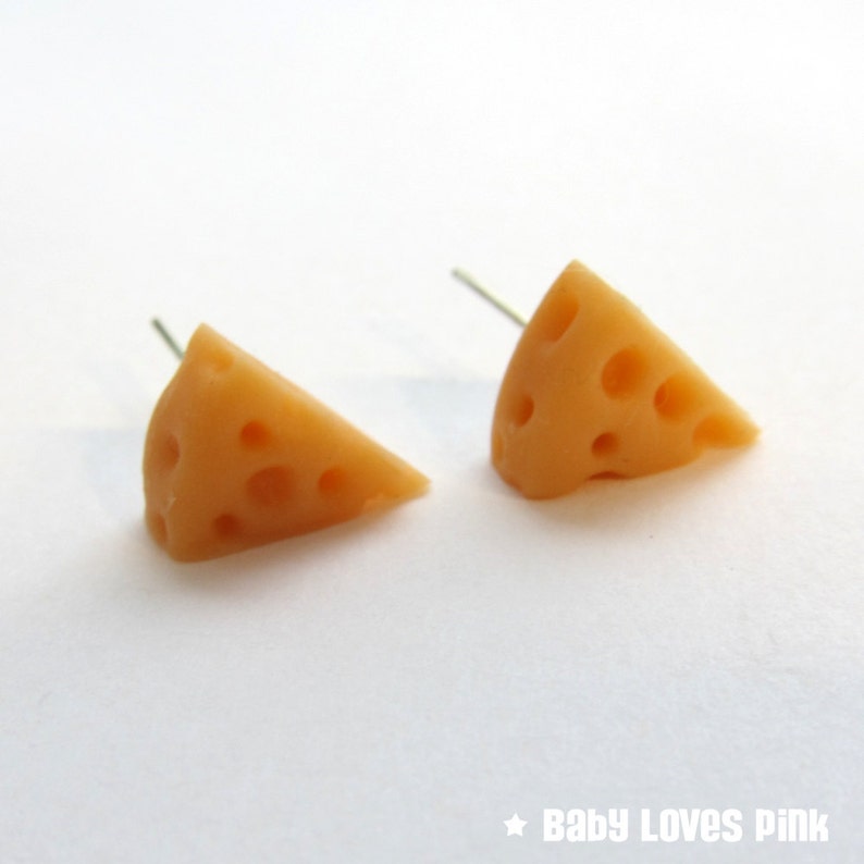 Swiss Cheese Stud Earrings Cheese with holes handmade with polymer clay image 1