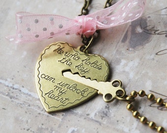 Key to My Heart Necklace - Heart and Key Couples Necklace  (R1E3)