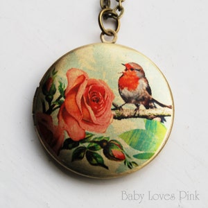 Bird with Red Rose Locket Necklace - Brass Photo Locket  (R3B-E3)