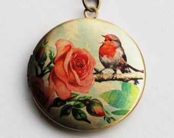 Bird with Red Rose Locket Necklace - Brass Photo Locket  (R3B-E3)