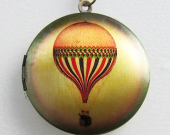 Hot Air Balloon Locket Necklace - Brass Photo Locket  (R3B-E2)