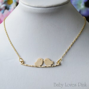 Love Birds Kissing on Tree Branch Gold Plated Couples Necklace image 4