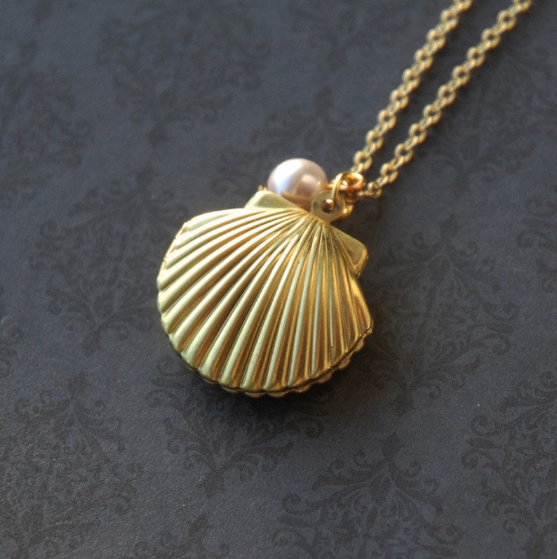 Ocean Seashell Pearl Locket Necklace Stamped raw brass R2C1 image 1