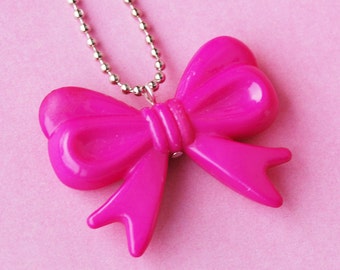 Hot Pink Ribbon Bow Necklace  (D2F2)