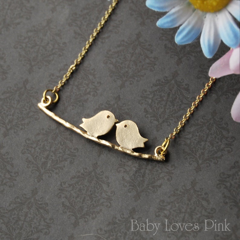 Love Birds Kissing on Tree Branch Gold Plated Couples Necklace image 2