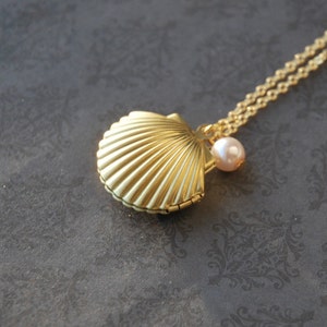 Ocean Seashell Pearl Locket Necklace Stamped raw brass R2C1 image 4