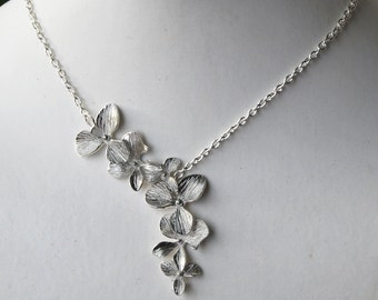 Dangling Orchid Silver Floral Necklace  (R4B-B2)