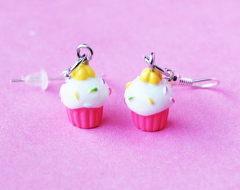 Cute Pink Cupcake with Sprinkles Dangle Earrings