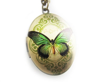 Green Butterfly Filigree Locket Necklace - Brass Photo Oval Locket  (R3B)