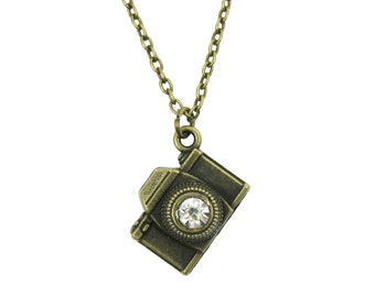 Bronze Crystal Camera Necklace